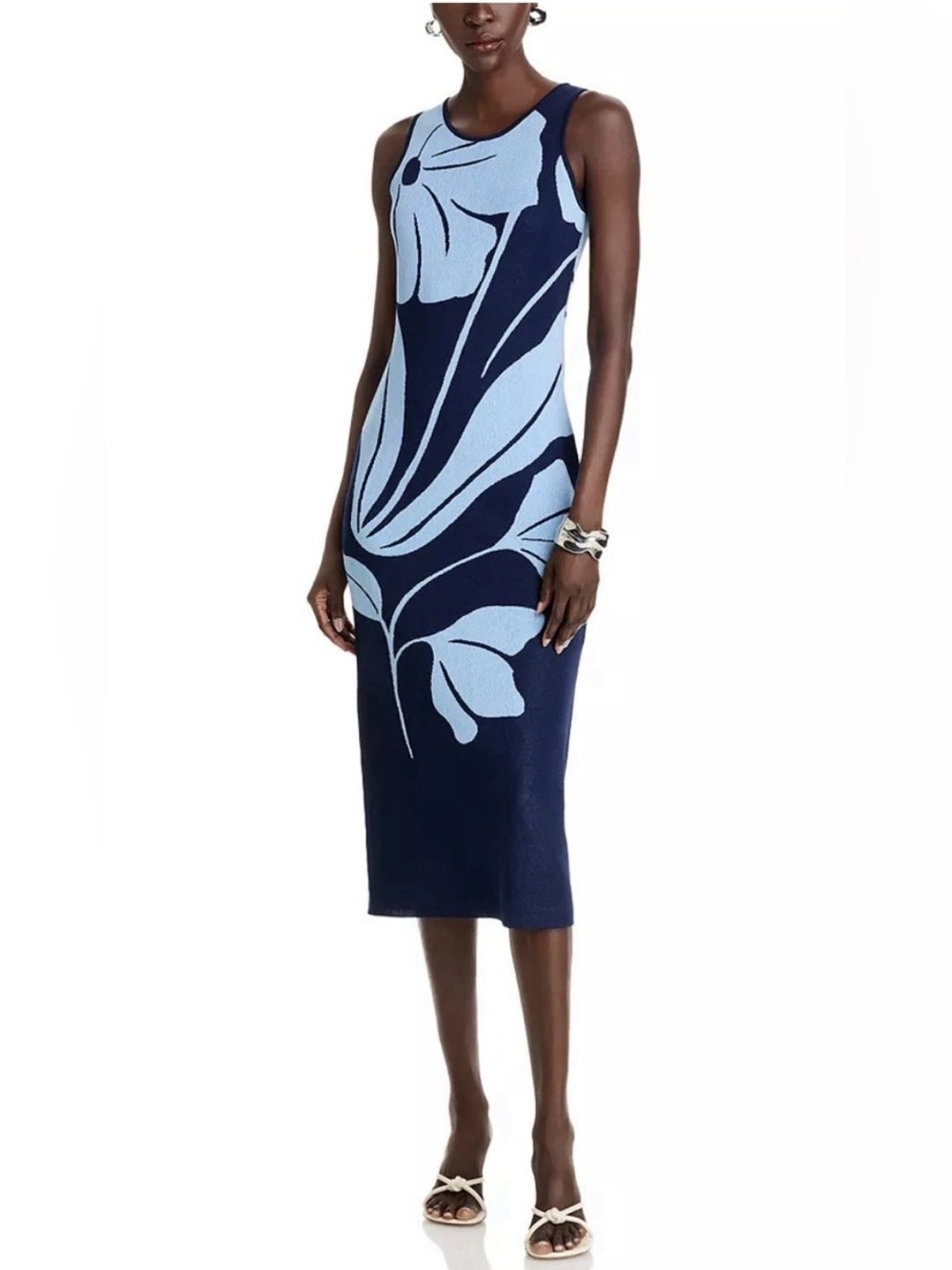 Tahari Floral Knit Maxi Mid - Light Blue & Navy Sleeveless Stretch Bodycon NEW